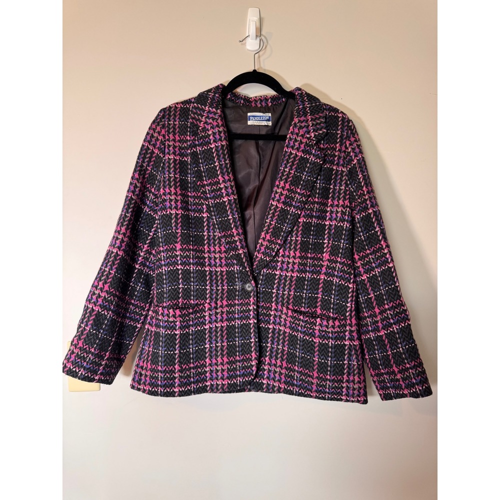 Pendleton Wool Blazer Pink Purple Black Plaid Single Button Jacket 100% Wool VTG